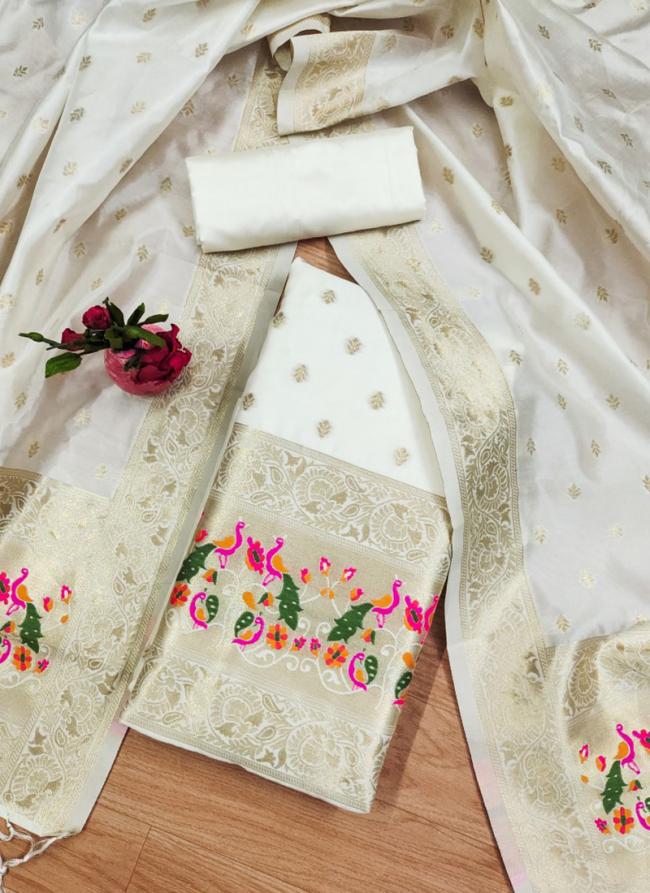 Banarasi Silk White Festival Wear Weaving Dress Material